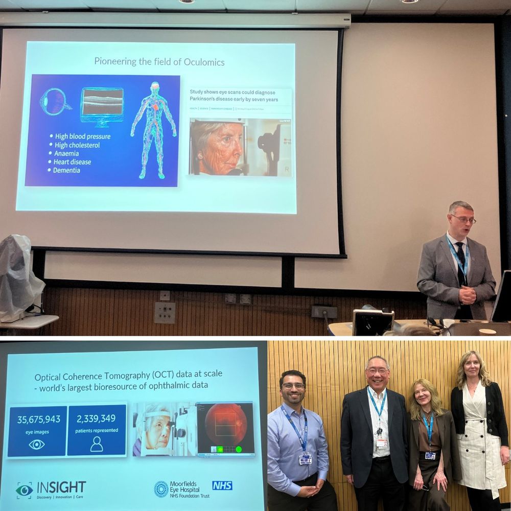 A montage of three images taken in the lecture hall at NIHR Moorfields Biomedical Research Centre. At top: Professor Marinko Saurinic wears a grey suit and stands at the lectern mid-speech. To his left on a large presentation screen is a slide depicting the science of Oculomics. In the image at bottom left is a slide showing the scale of data curated by the INSIGHT health data research hub led by Moorfields Eye Hospital: more than 35 million eye images and more than 2.4 million patients are represented in the data. In the image at bottom right, four people stand against a wood panelled wall, smiling to the camera, from left: Aadil Kazi, Sir Peng Khaw, Alex Black, Helen Khan