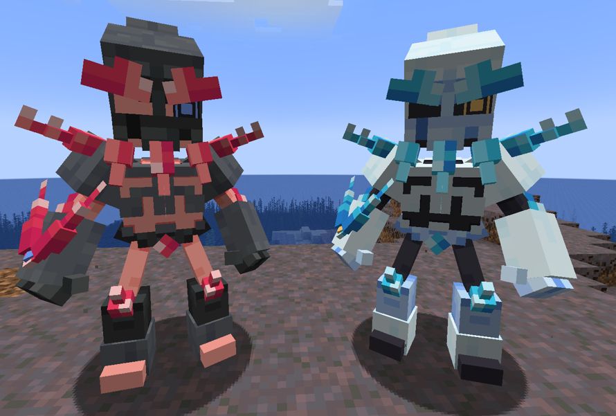 Two snow skeleton fakemon named Ivorice ingame, the left one is shiny, which is red and black with a blue eye. The right one is normal which is white and blue with a yellow eye