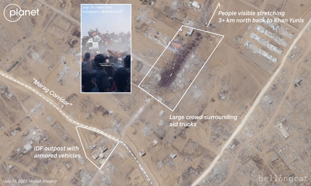 A July 26 SkySat image from Planet Labs showing a large crowd of Palestinians visible around an aid convoy in southern Gaza. There are enough people in the crowd to make it very easily visible in the satellite imagery. There's a large amount of destruction in the area and an IDF outpost is nearby.