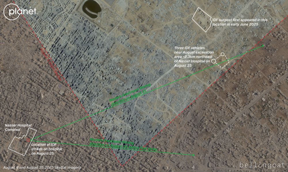 A composite of August 4 and August 25 SkySat satellite imagery from Planet Labs showing Nasser Hospital in Khan Younis and the surrounding environment to the east and northeast. In the August 25 image, a large excavation is visible and three IDF vehicles are visible nearby. Just northwest of that, an IDF outpost is also visible. A large amount of destruction is also visible in the area with hundreds of buildings destroyed. The August 4 image is annotated to show the lines of sight of the Reuters livestream originating from the hospital. On August 21 it was able to see the excavation area. On August 25 it was looking eastward. 