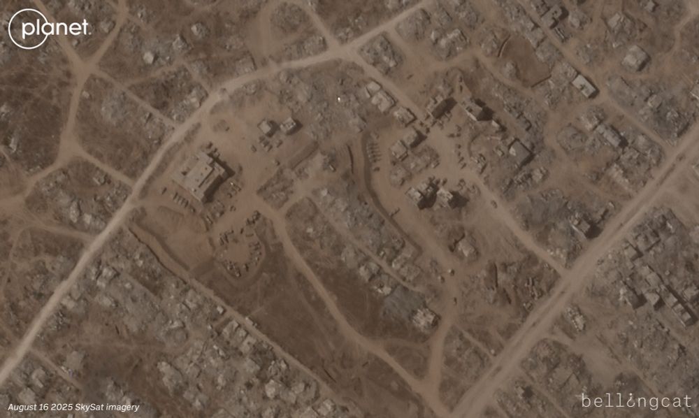 An August 16 2025 image from Planet Labs SkySat showing an area south of Gaza City near the Al-Furqan School. There is heavy destruction visible in the entire area with many buildings having already been destroyed by the IDF. The mid-August imagery shows a large amount of IDF vehicles present near the school as well as among a cluster of buildings to the northeast. New earthworks are visible with dirt berms around the areas.
