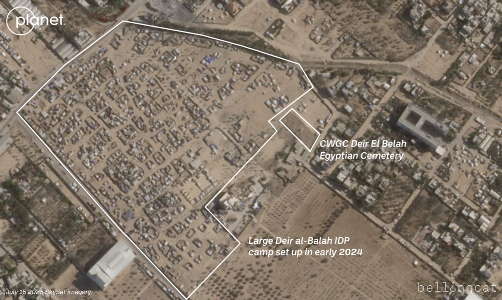 A July 16 2025 SkySat image from Planet Labs showing an area south of Deir al-Balah where a large concentration of internally displaced people have set up camps since early 2024. A large warehouse is visible. A rectangular area is annotated showing the location of the Commonwealth War Graves Commission-managed Egyptian Cemetery location nearby. 