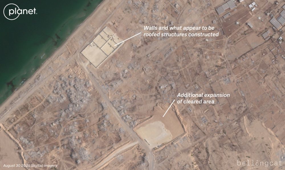 An August 30 2025 SkySat image from Planet Labs showing southwestern Gaza, near the border with Egypt and the coast. The small gravel area from June 11 continues to expand — both with new clearing activity and more gravel. The rectangular gravel area to the northwest now has walls partitioning it into five sections with what appear to be small roofed structures visible as well.