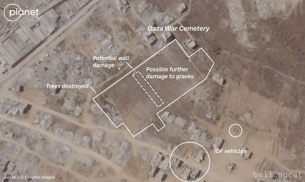 Planet Labs SkySat imagery from July 31 2025 shows the Gaza War Cemetery in eastern Gaza City. There's a large amount of damage in and around the cemetery and IDF vehicles are visible nearby. A large corner of the cemetery has been bulldozed an dirt berms have been created. There is more destruction among the buildings surrounding the cemetery and large trees on the border of the cemetery have now been destroyed. 