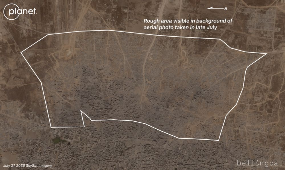 A July 27 2025 SkySat satellite image from Planet Labs showing Gaza City's eastern Shejaiya and Tuffah neighborhoods. There's a large amount of destruction visible, with thousands of homes that have been visible reduced to rubble. A large area is annotated showing the rough area that is visible in the background of the aerial photo.