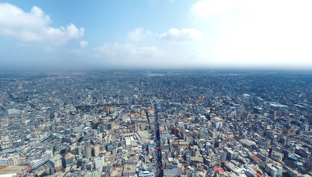 An aerial photo taken from a drone photographer in 2019 showing Gaza City's Old Town facing east, providing a view similar to the aerial photo taken in July 2025.