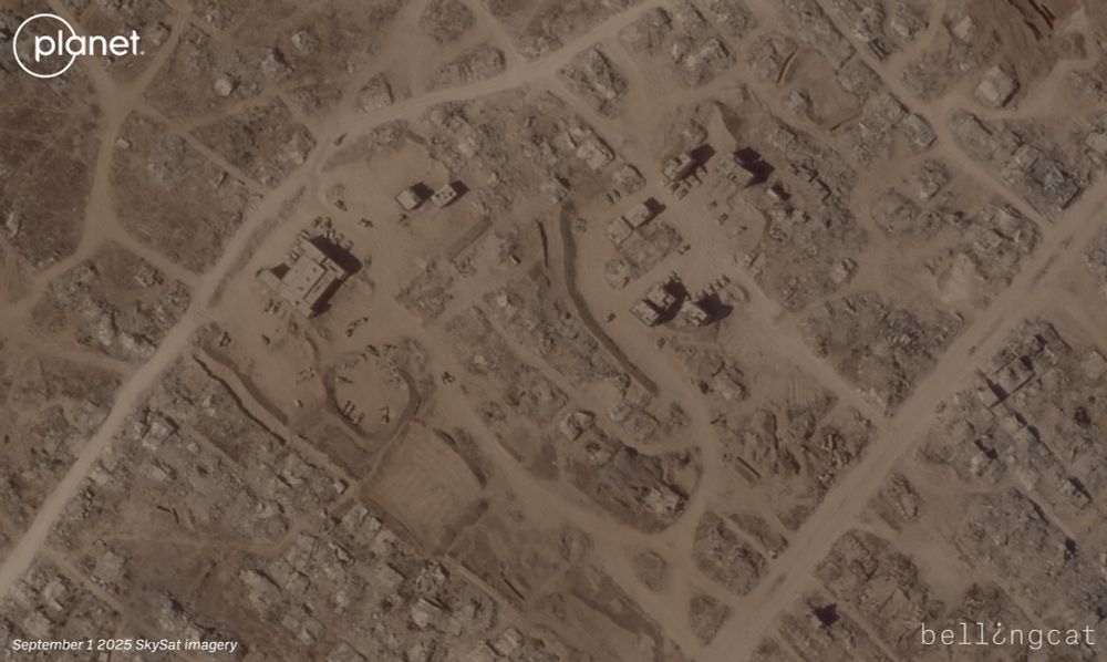 An September 1 2025 image from Planet Labs SkySat showing an area south of Gaza City near the Al-Furqan School. There is heavy destruction visible in the entire area with many buildings having already been destroyed by the IDF. The IDF vehicles are still present in the area and there's been some new earthworks with a square dirt berm area set up.