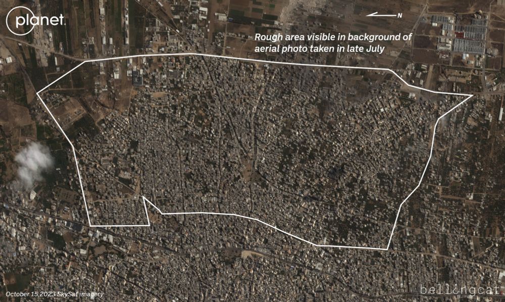 An October 15 2023 SkySat satellite image from Planet Labs showing Gaza City's eastern Shejaiya and Tuffah neighborhoods. Some destruction is visible from airstrikes conducted at the start of the war but other than that thousands of buildings are visible with orchards and farmland on the periphery of the neighborhoods. A large area is annotated showing the rough area that is visible in the background of the July 2025 aerial photo.