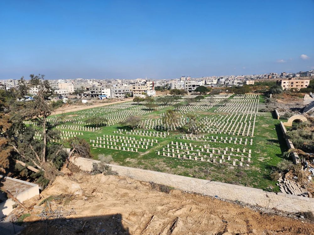 A June 2024 image from Middle East Eye showing the large amount of destruction from the IDF at the Gaza War Cemetery. A large area of hundreds of gravestones visible in the foreground of the photo has now been completely destroyed by the IDF.