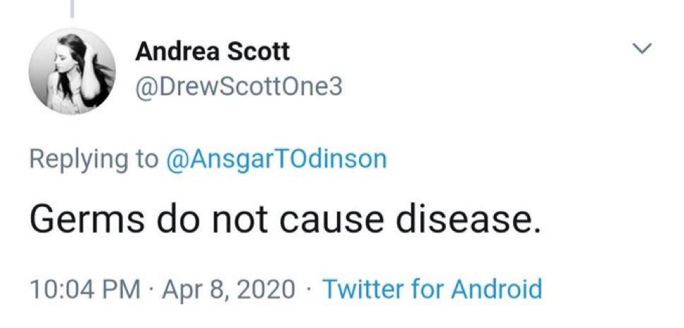 A screenshot of a prototypical expression of belief in the non-validity of germ theory in the cesspool that is X. The user here called @DrewScottOne3 says "Germs do not cause disease".