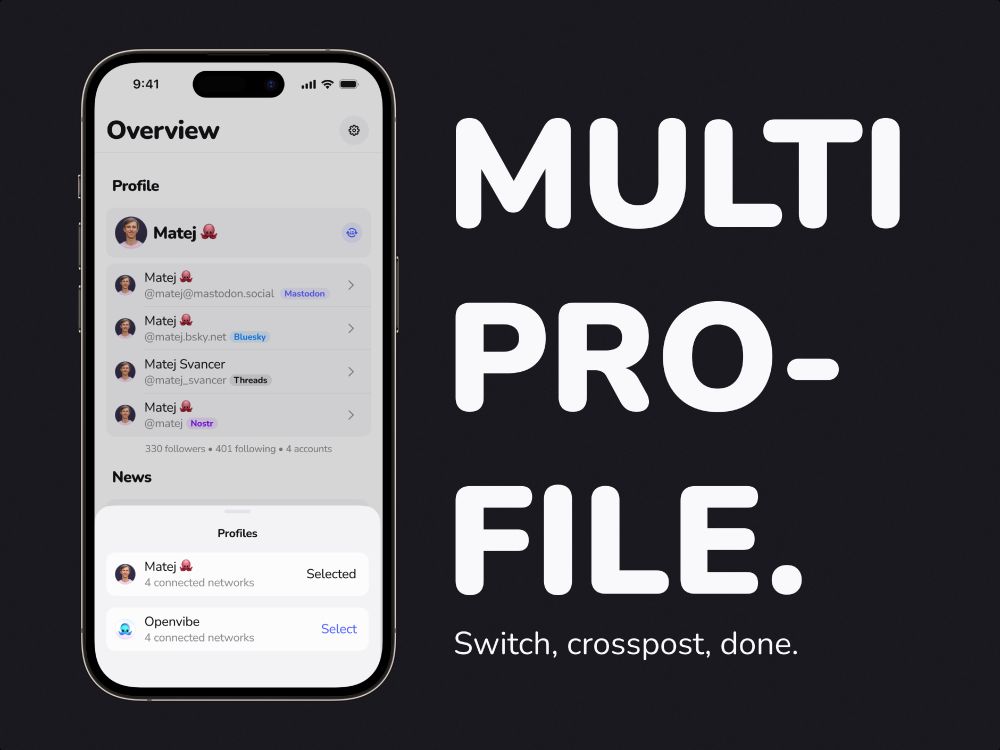 A smartphone screen displays the Openvibe app's "Overview" section. The interface shows multiple profiles connected to various networks: Mastodon, Bluesky, Threads, and Nostr. A user named "Matej 🐙" has multiple accounts listed under "Profile," and a section below titled "News" highlights two profile sets: "Matej 🐙" with 4 connected networks (selected) and "Openvibe" with 4 connected networks (selectable). Large bold white text on the right side reads: "MULTI PROFILE. Switch, crosspost, done." The background is dark with contrasting white elements for readability.