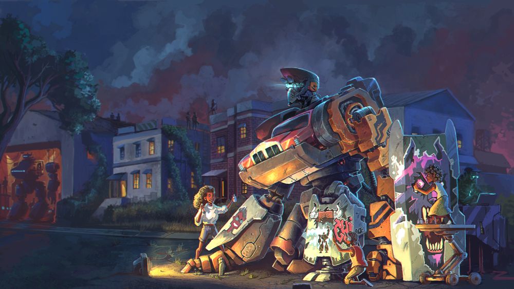 a neighborhood lit by the distant fires and the low glow of dusk, a large mecha made of a combination of construction, combat and car parts kneels down while kids touch up the graffiti all over it and adults run a diagnostic check
