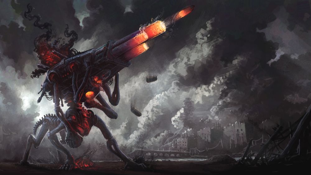 A centaur ish shape made of bones of black metal carries a massive casket cannon on its back, it is feeding chunks of earth into its own chest cavity as it launches shell after shell into a black and grey wasteland
