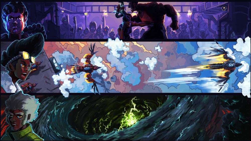 top - a young girl with a scarred face and a giant braid is fighting a large man, as he grabs her hair he's shocked by a hidden mechanism allowing her to sucker punch his gut

middle - a port from above, floating above the clouds, an eagle shaped mecha takes flight as a dragon shaped mecha zooms past and flight personnel scramble to pursue

bottom - a young man with white hair, behind him a giant roiling storm lit from within by green eldritch lightning 