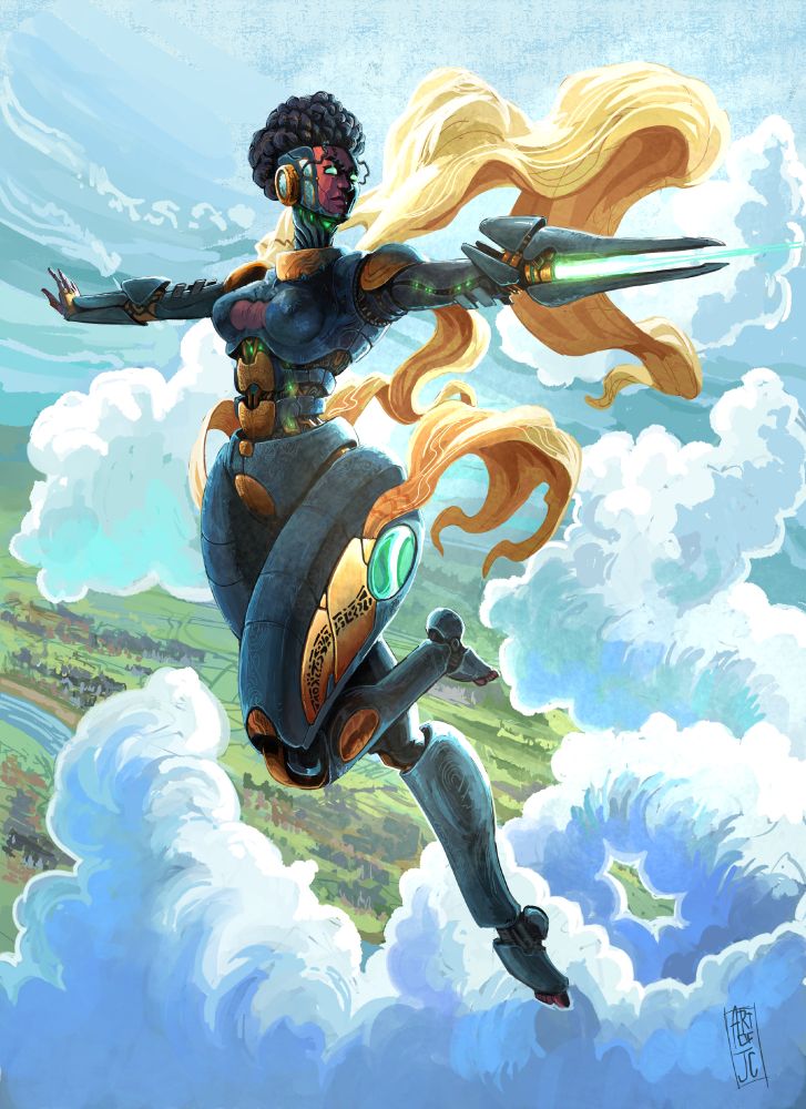 A cyborg made of steel, brass, gold and glass in the form of an amazonian dark skinned goddess flies through the clouds with the ground far below