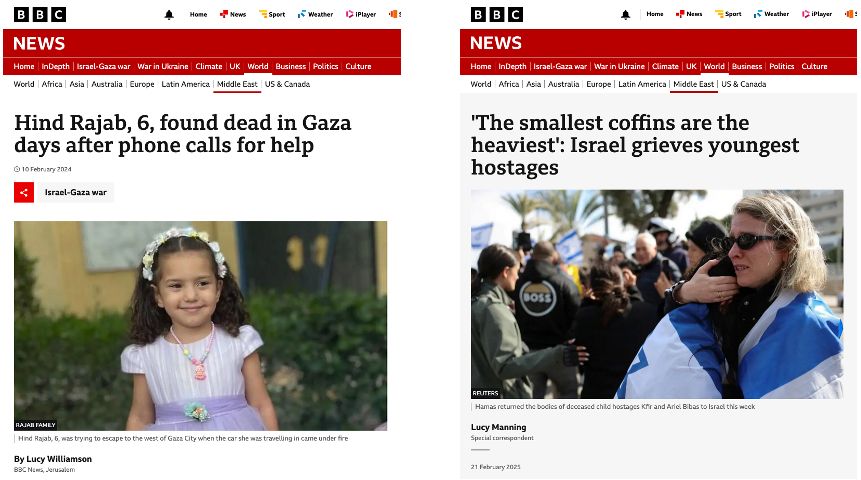 A side-by-side screenshot of two stories on the BBC online web page separated by a little over a week. The first reports the death of a Palestinian, aged 6, in Gaza using unemotional language, the second reports on the death of Israeli child hostages using very emotional language. It is a stark difference in treatment by the BBC.