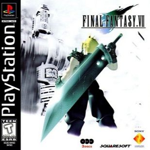 The cover image for the videogame Final Fantasy 7. A blonde soldier wielding a giant sword stands ominously in front of a large, corporate building.