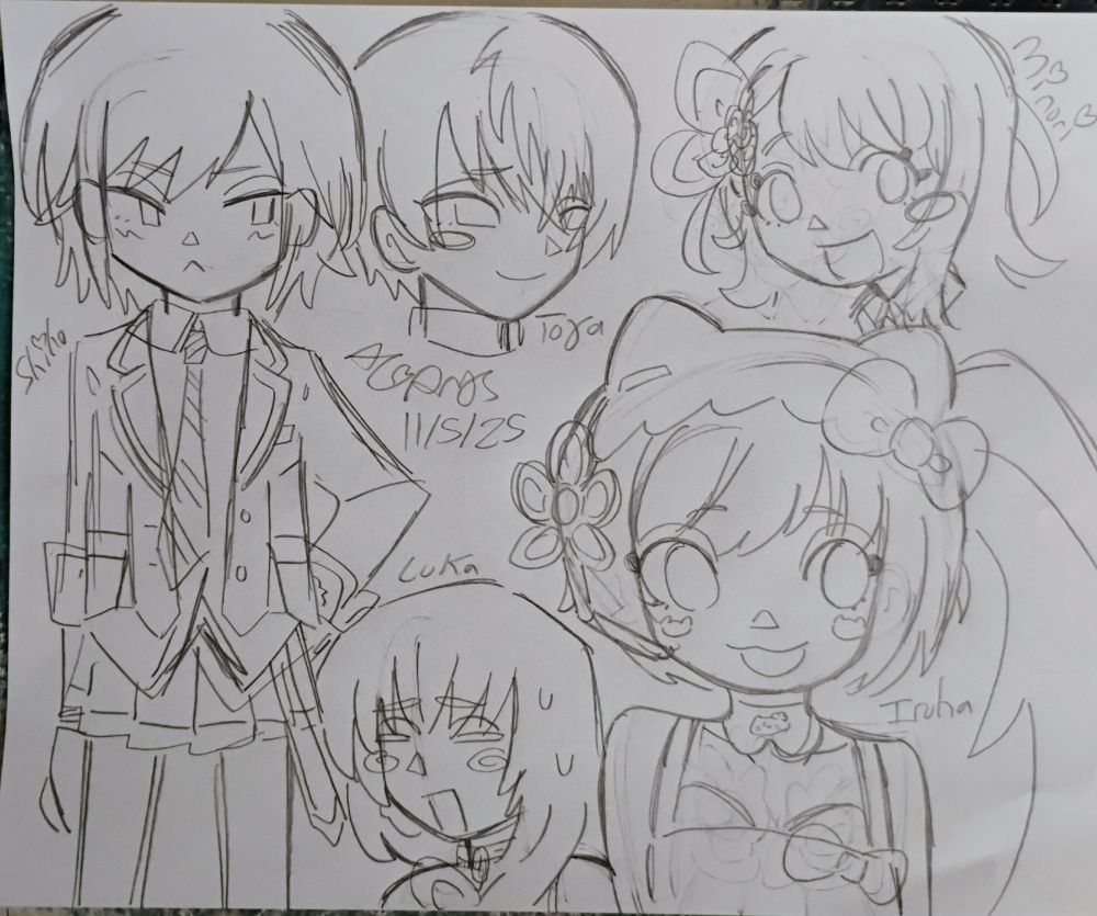 Shiho, Toya, and Minori from Project Sekai. Megurine Luka and Nekomura Iroha from Vocaloid.