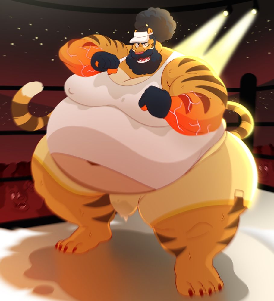 A very large and fat tiger man with a bushy beard standing in a boxing ring while sweat drips off from his body into a puddle.