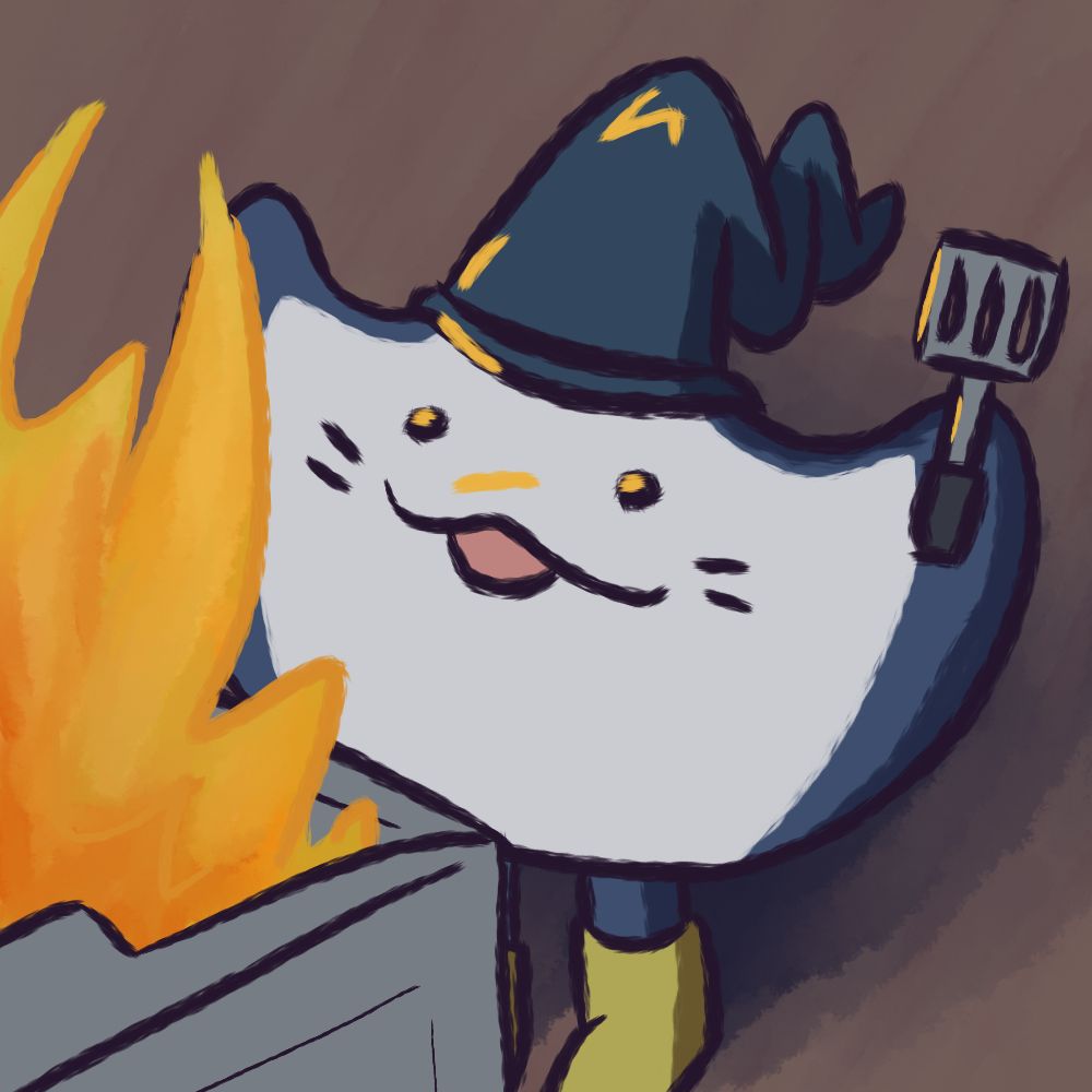 Manta ray with a wizard hat and boots holding a spatula in front of a roaring kitchen fire. They're happy about it.