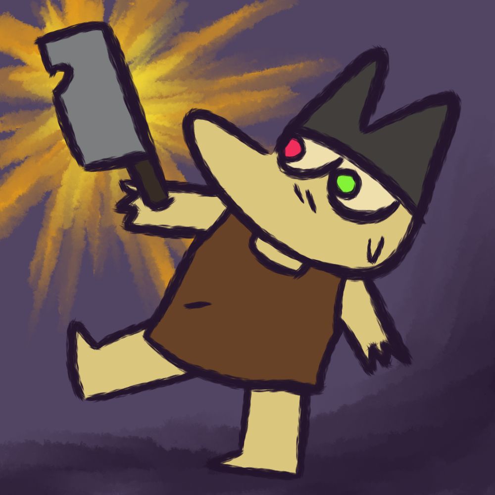 Goblinoid lookin lad with one pink eye and one green eye holding up a butcher's knife and sweating slightly