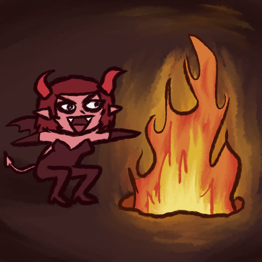 Demon lady with horn and tail and wings doing a scamping squat next to a big ol fire pit