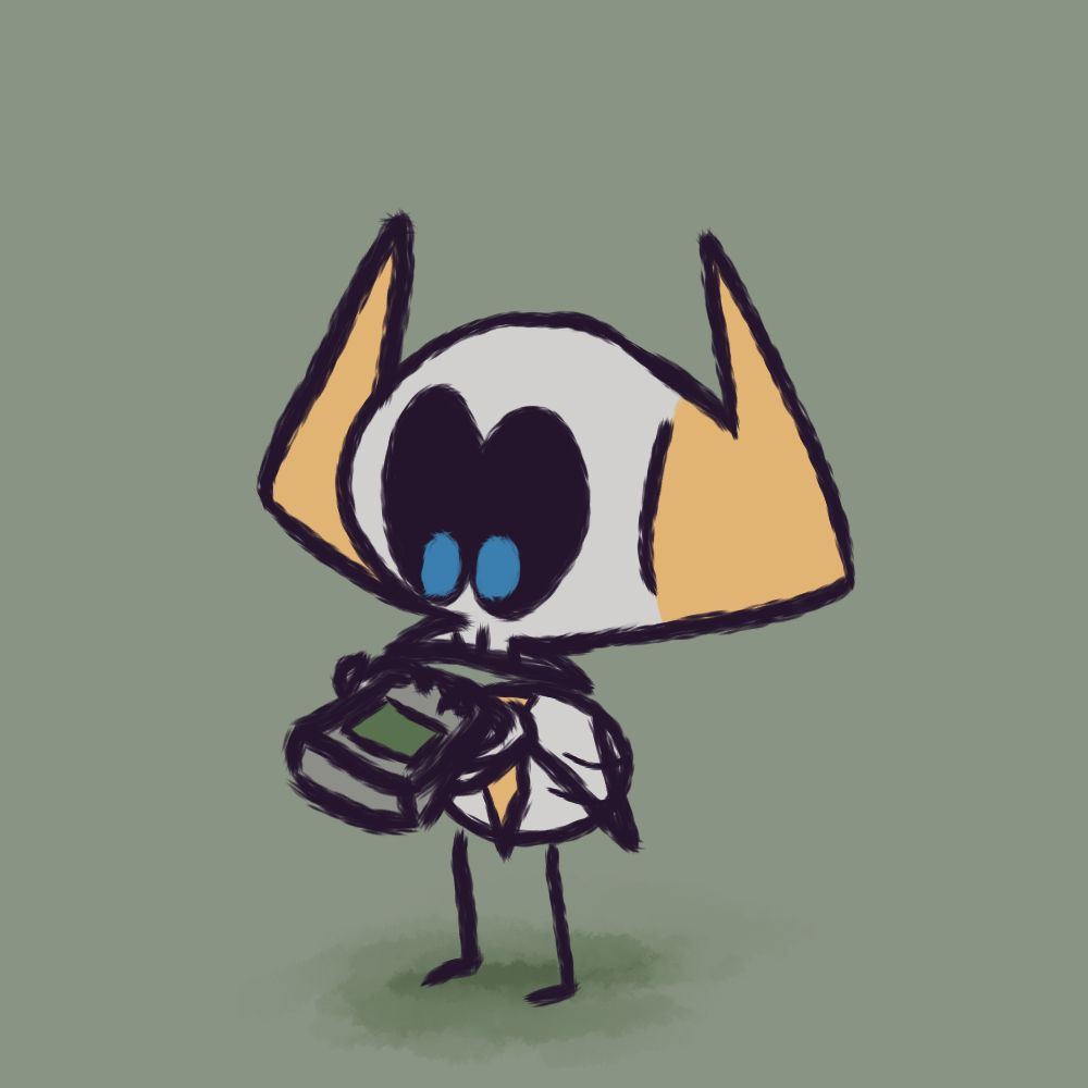 Skeleton lad with big horns playing with a Game Boy