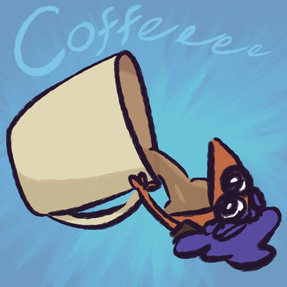 lil gremlin Onsta chugging a giant cup of coffee with the word "Coffeeee" above