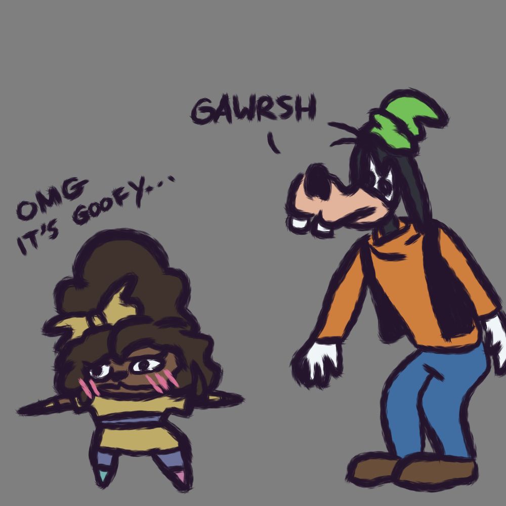 Small squart dog girl in workout clothes and a bow in her hair blushing and thinking "OMG it's Goofy." Goofy is awkwardly standing right there saying "gawrsh"