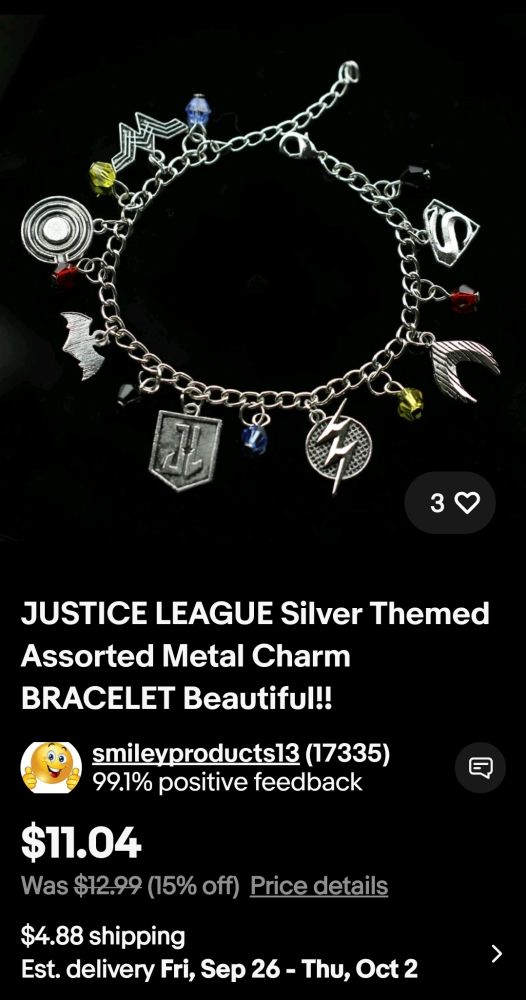 eBay listing of a bracelet, titled "JUSTICE LEAGUE Silver Themed Assorted Metal Charm BRACELET Beautiful!"
