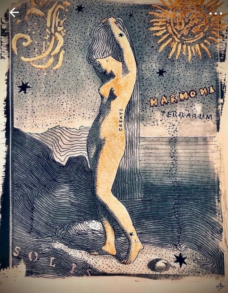 Venus , impression cyanotype sur papier art aqiua 300mg format 24x32cm +personnalisation feutre fine art et encres dorées. On sale mp.