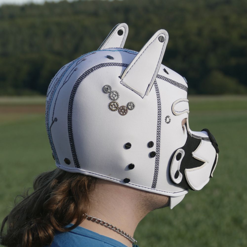 Nature-shots of a puppy wearing a white hood with some details in focus like small cog wheels and a sitched pattern like a circuit board in fitting colors.