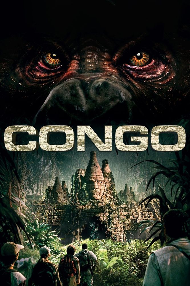 poster for the 1995 film congo, showing the eyes of a gorilla over a lost city in a jungle.