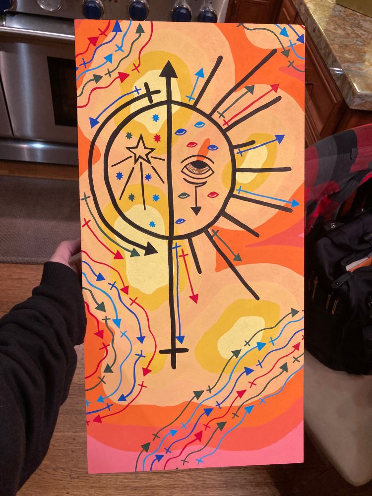 A traditional painting of a meaningless occult symbol adorned with eyes against a simplistic background reminiscent of topographical maps. Arrows swirl over the background and extend radiantly from the symbol.