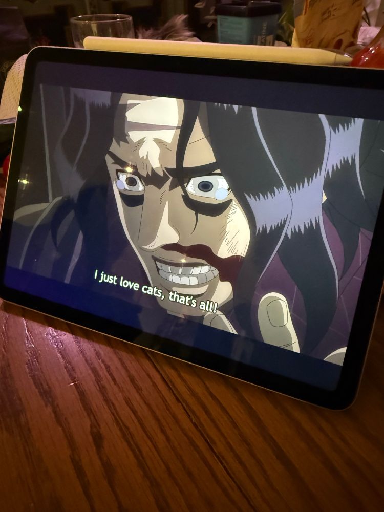 A terrified man with a bloody noise screaming “I just love cats, that’s all!”