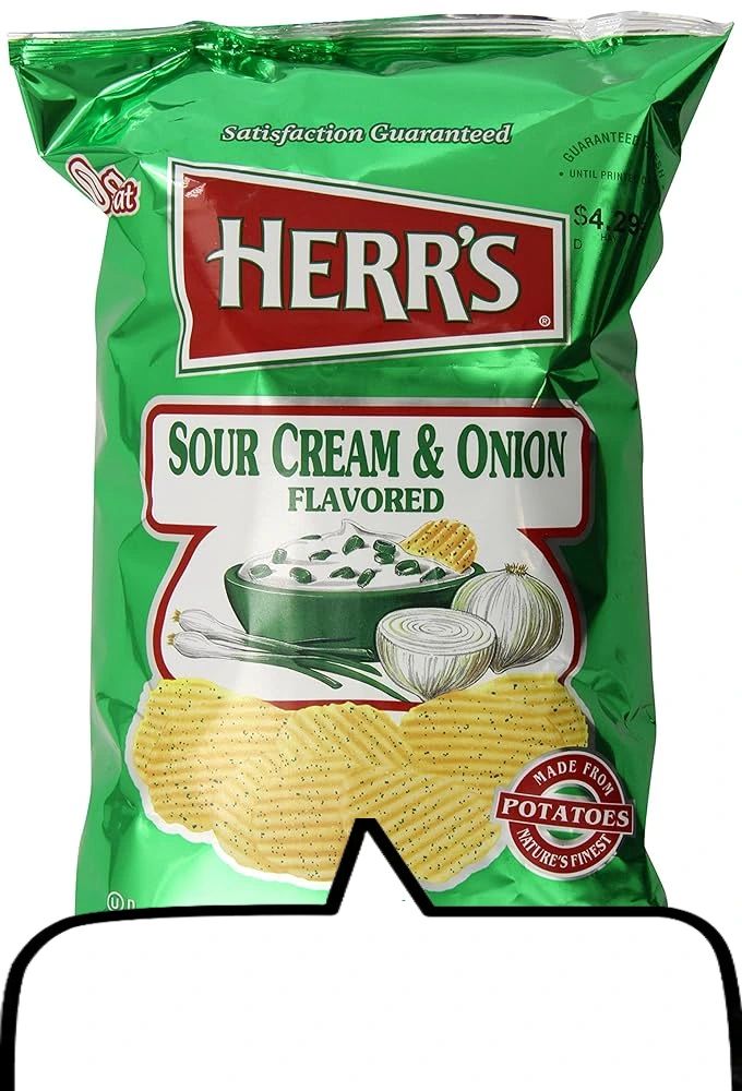 A bag of Herr's potato chips with a speech bubble
