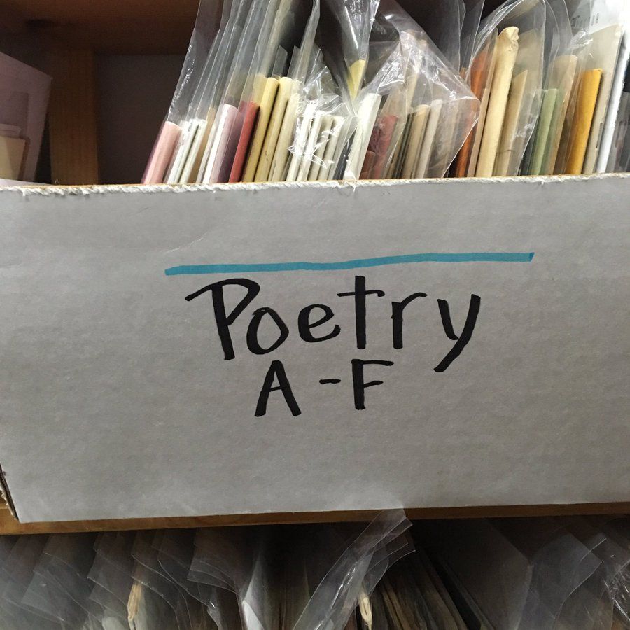 cardboard box labeled "poetry a-f"
