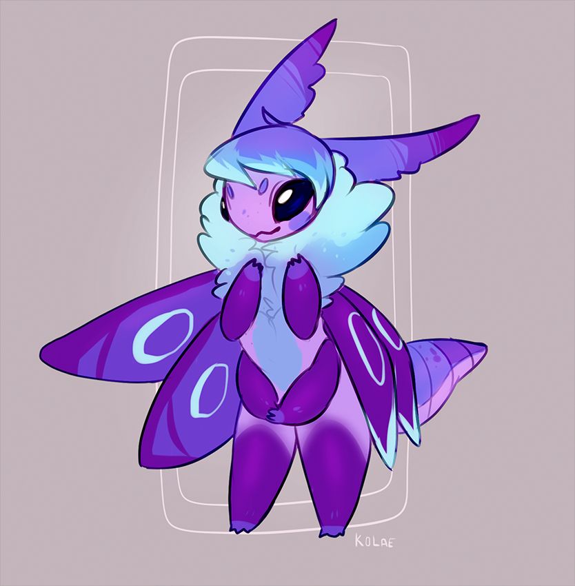 A purple, pink and blue anthro moth with large dark eyes and cape like wings.