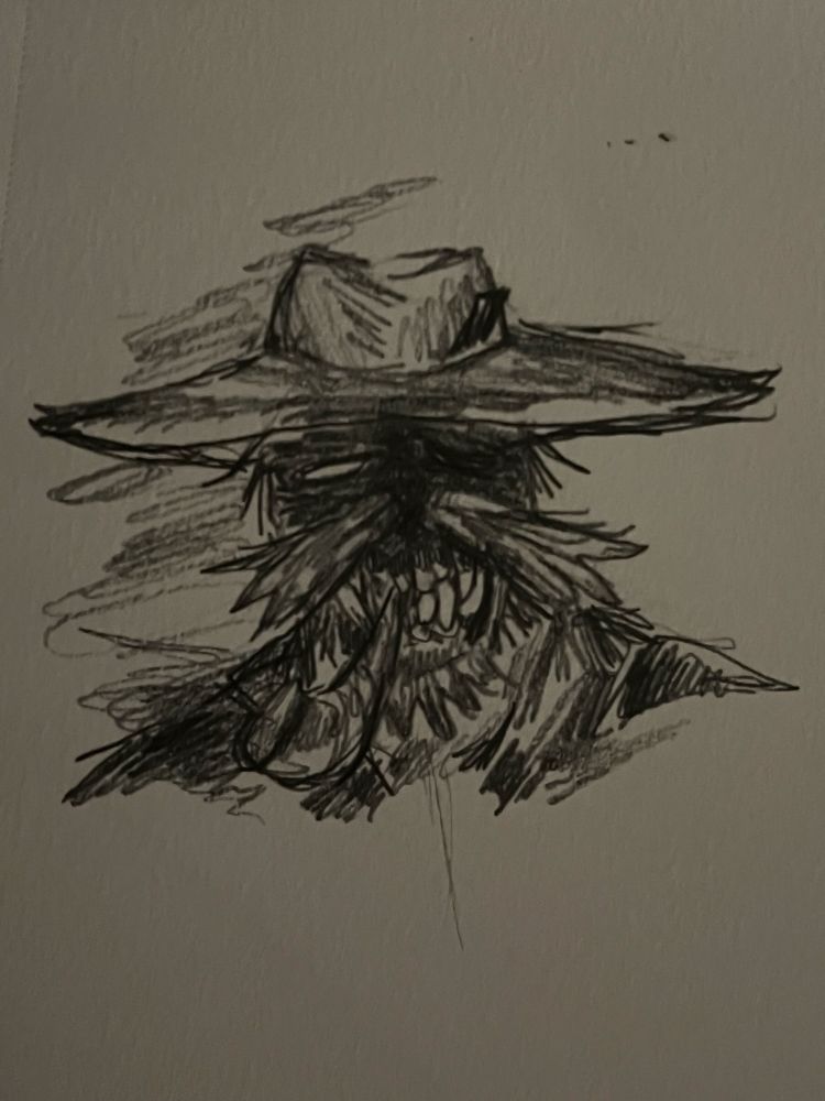 guy with a fuzzy mustache and beard smoking a pipe wearing a wide brim hat, he has big monstrous teeth and his face is obscured in shadows