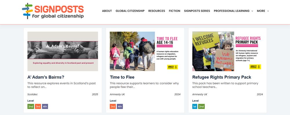 A screenshot of Signposts with three resources relating to refugees and migration:

A'Adam's Bairns?

Time to Flee

Refugee Rights Primary Pack