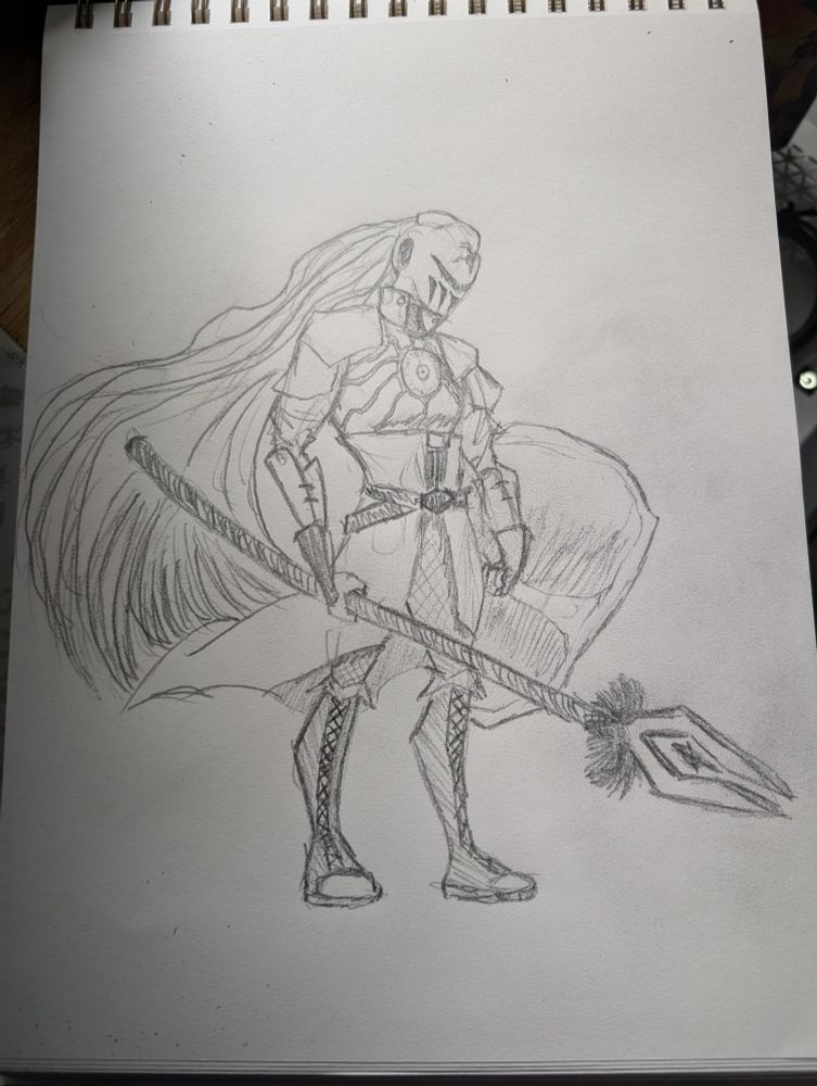 A long haired knight wielding a spear and shield. She has an eye implanted in her chest signaling she's succumbed to some sort of corruption