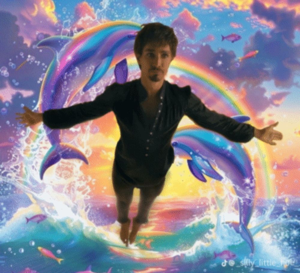 a man is surrounded by dolphins and a rainbow in a painting by joe silly little hop