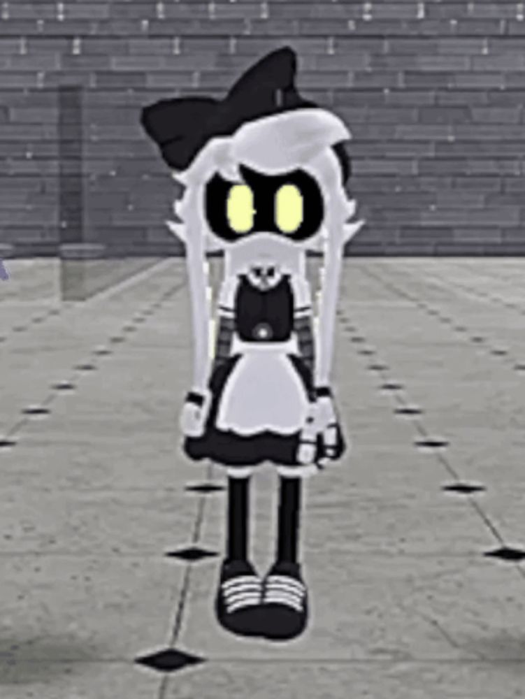 a cartoon character is standing on a sidewalk wearing a black and white dress and apron .