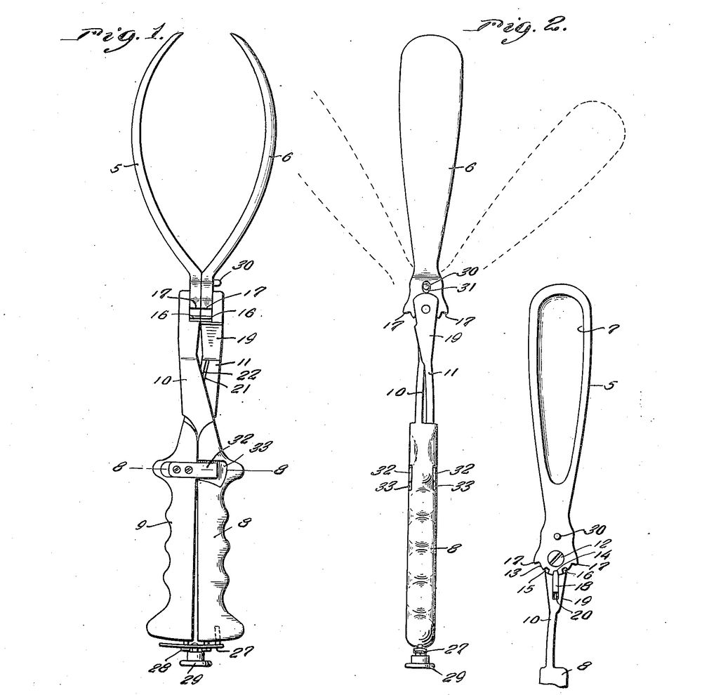 Three black-and-white sketches from a patent for obstetrical forceps (JB Jacobs, US 2034299, 1938): 1 shows the forceps' curved points closed, leaving a small gap at the top, 2 shows how they open in profile, and 3 appears to show details of the hinge mechanism.