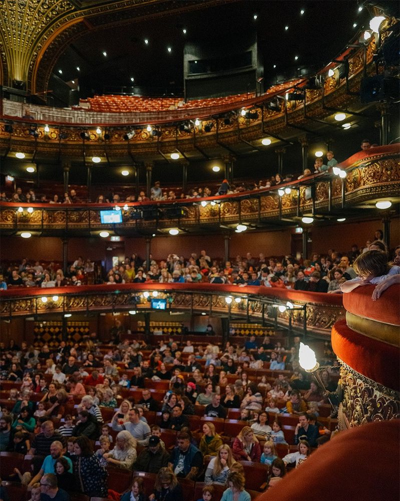 A theatre with a red and gold auditorium full of people