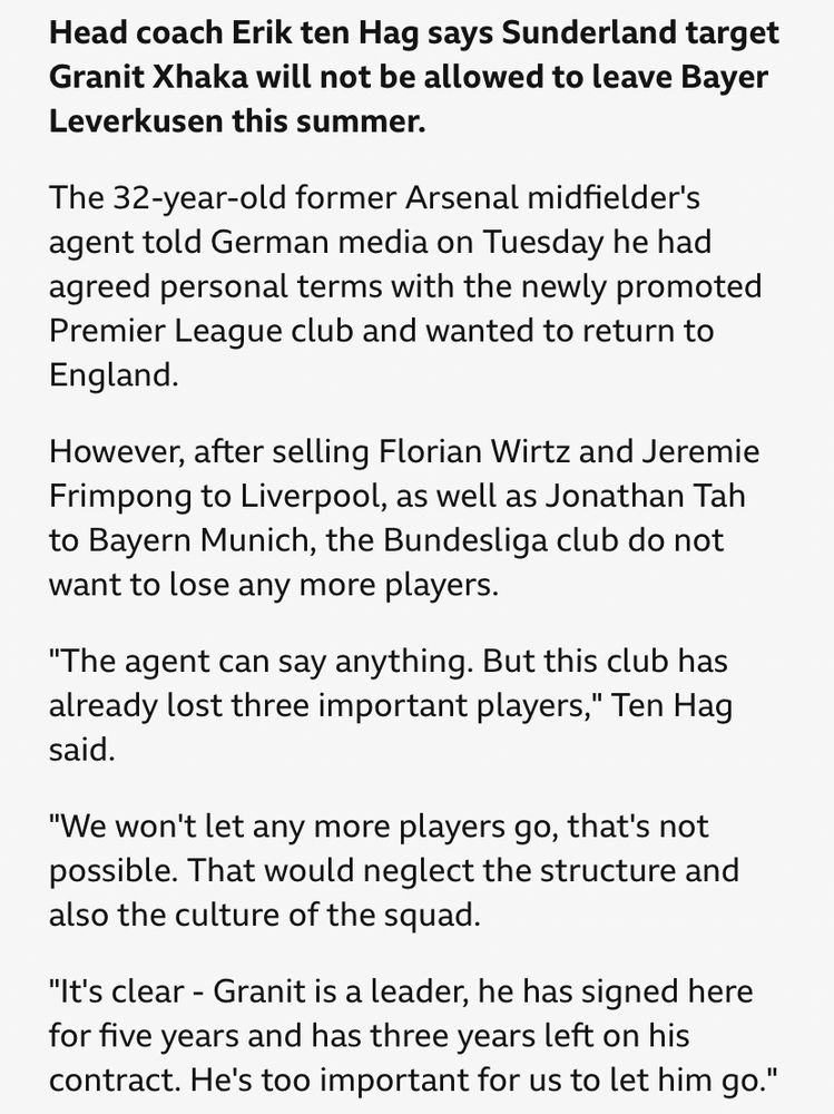 Ten Hag saying Xhaka won’t be allowed to leave Bayer Leverkusen 