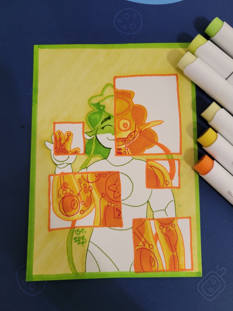 A marker drawing of Shadeau. She's standing naked, exposing the plating on her body. Several orange x-rays float in front of her, showing the gold fluid and circuits that make up her interior.