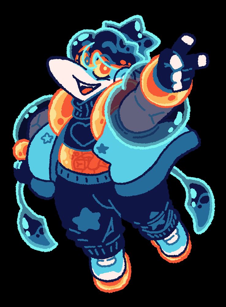 A drawing of Shadeau, holding up a peace sign and smiling joyously.