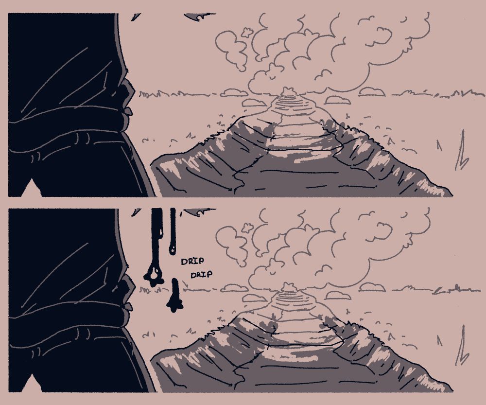 Two panels showing Shadeau standing in the foreground, staring at a smoking crater left behind by her attack. In the second, star-shaped blood drips from her shattered arm.