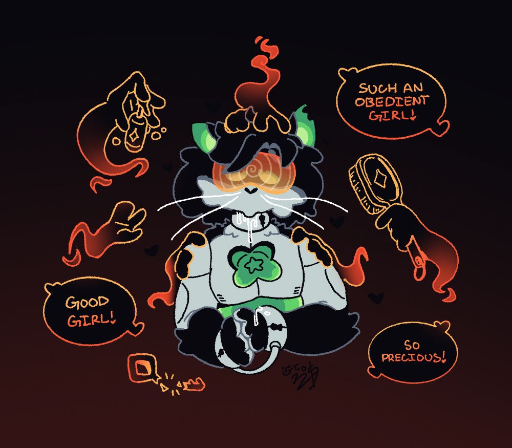 A drawing of Kureki (oc) being pampered by ghostly hands. She’s wearing hypnosis goggles, and her plating is removed to expose her clover-shaped core. Drool dribbles from her mouth in a state of pure bliss. Handcuffs bind her hands together, with the broken key sitting next to them.
